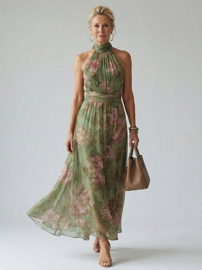 Elena Sage Green Halter Neck Midi Dress with Open Back