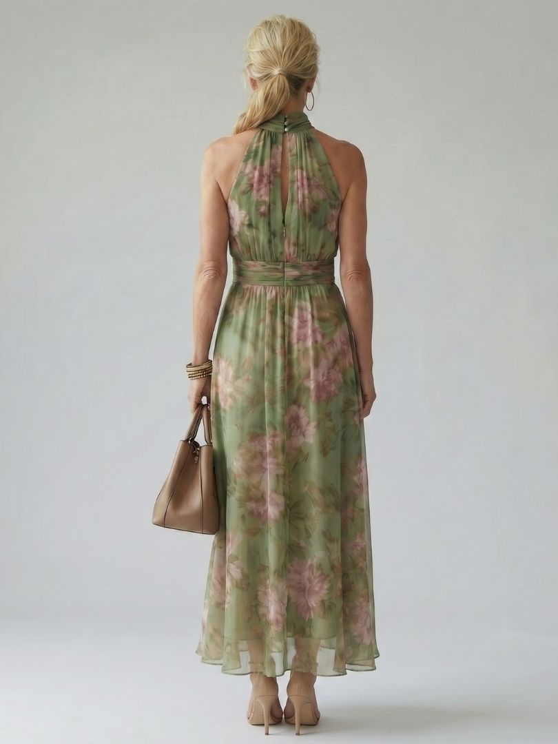 Elena Sage Green Halter Neck Midi Dress with Open Back