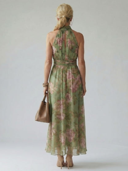 Elena Sage Green Halter Neck Midi Dress with Open Back