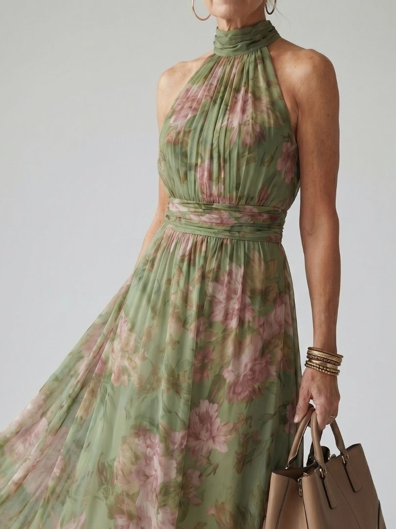 Elena Sage Green Halter Neck Midi Dress with Open Back