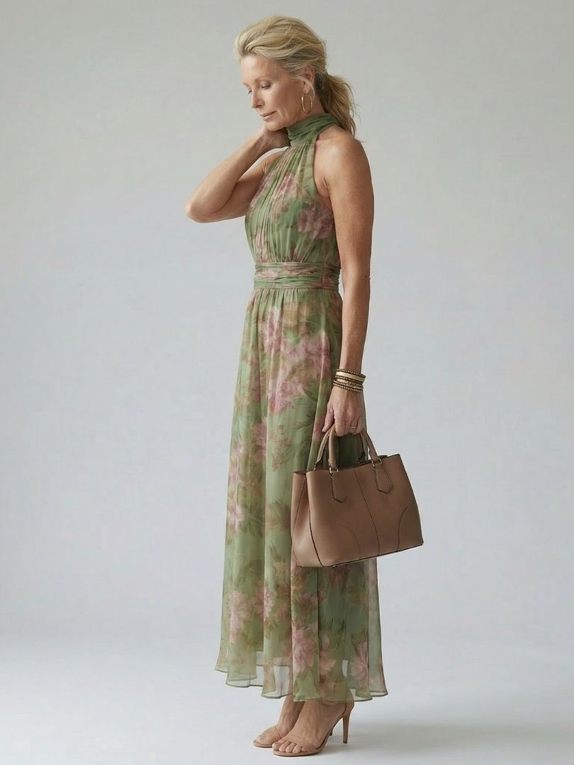 Elena Sage Green Halter Neck Midi Dress with Open Back