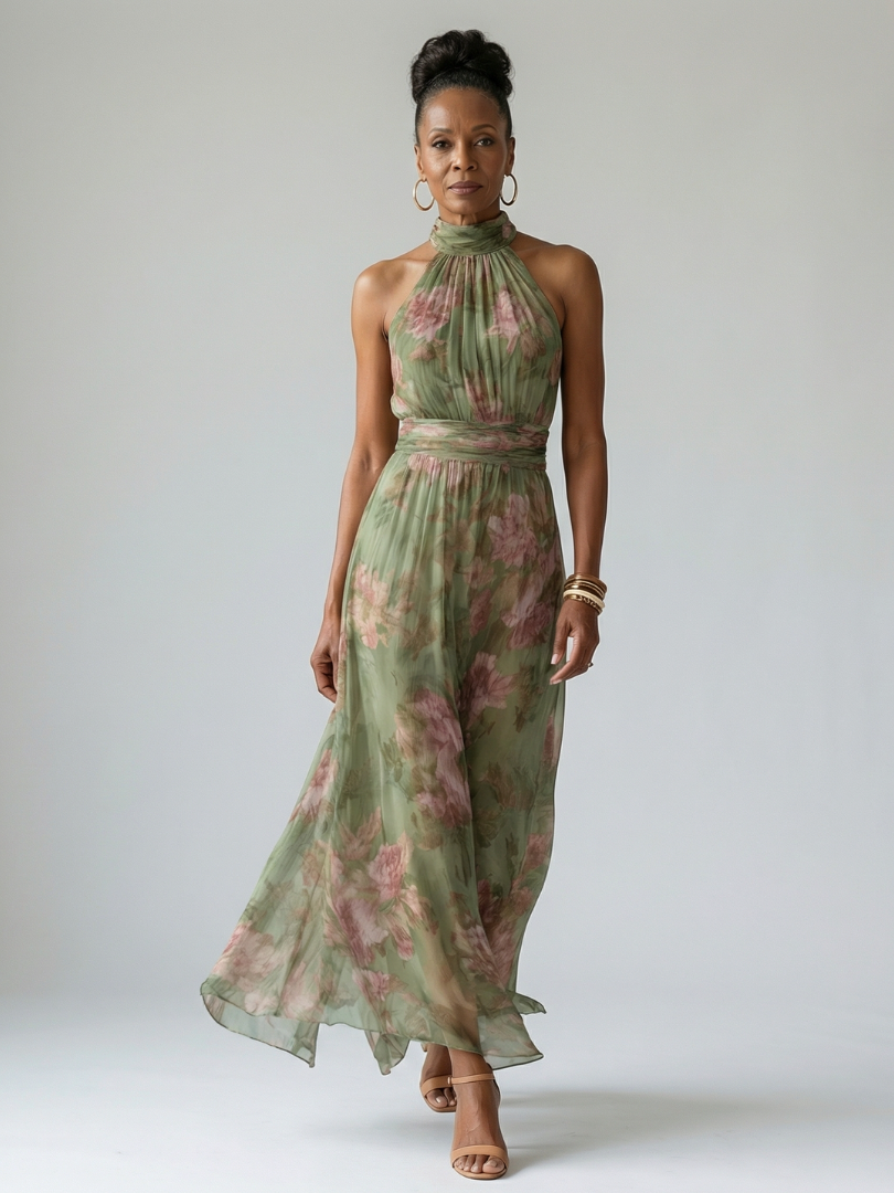 Elena Sage Green Halter Neck Midi Dress with Open Back