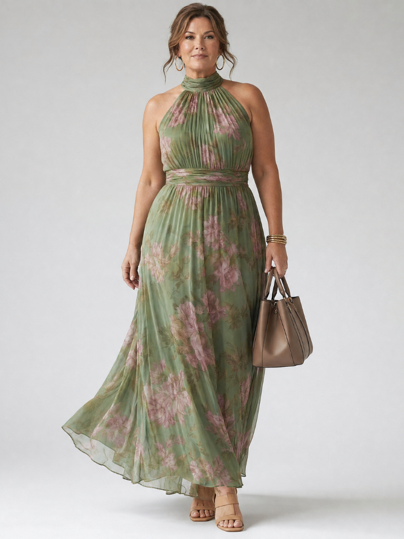 Elena Sage Green Halter Neck Midi Dress with Open Back