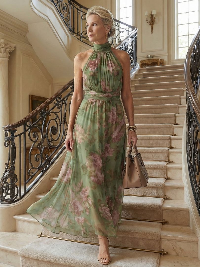 Elena Sage Green Halter Neck Midi Dress with Open Back