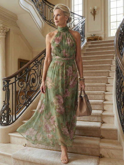 Elena Sage Green Halter Neck Midi Dress with Open Back