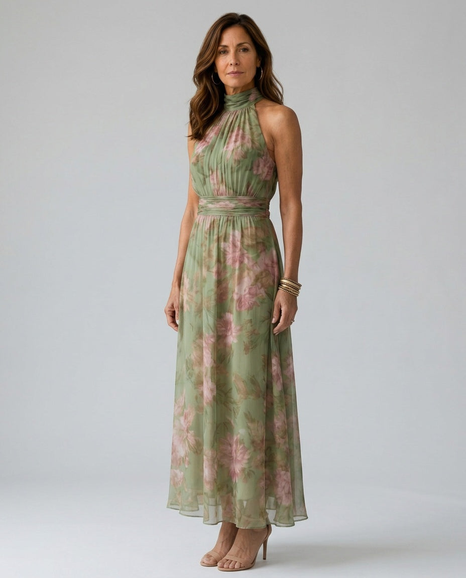 Elena Sage Green Halter Neck Midi Dress with Open Back – Sage Green