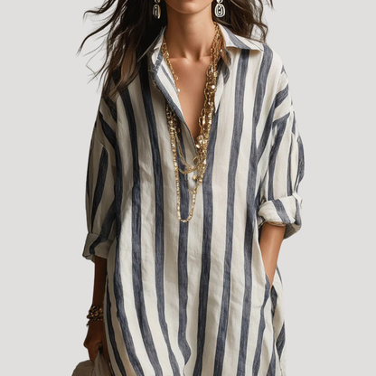 Elise Linen-Look Striped Maxi Shirt Dress with Roll-Up Sleeves