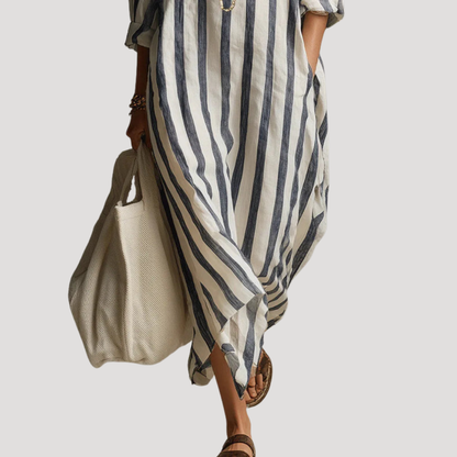 Elise Linen-Look Striped Maxi Shirt Dress with Roll-Up Sleeves