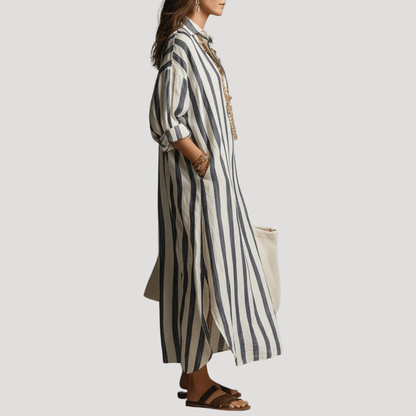 Elise Linen-Look Striped Maxi Shirt Dress with Roll-Up Sleeves