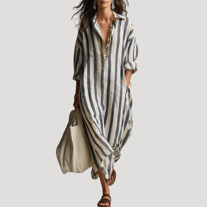 Elise Linen-Look Striped Maxi Shirt Dress with Roll-Up Sleeves – Black