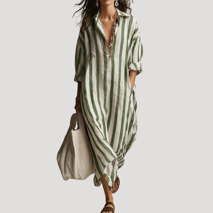 Elise Linen-Look Striped Maxi Shirt Dress with Roll-Up Sleeves – Green