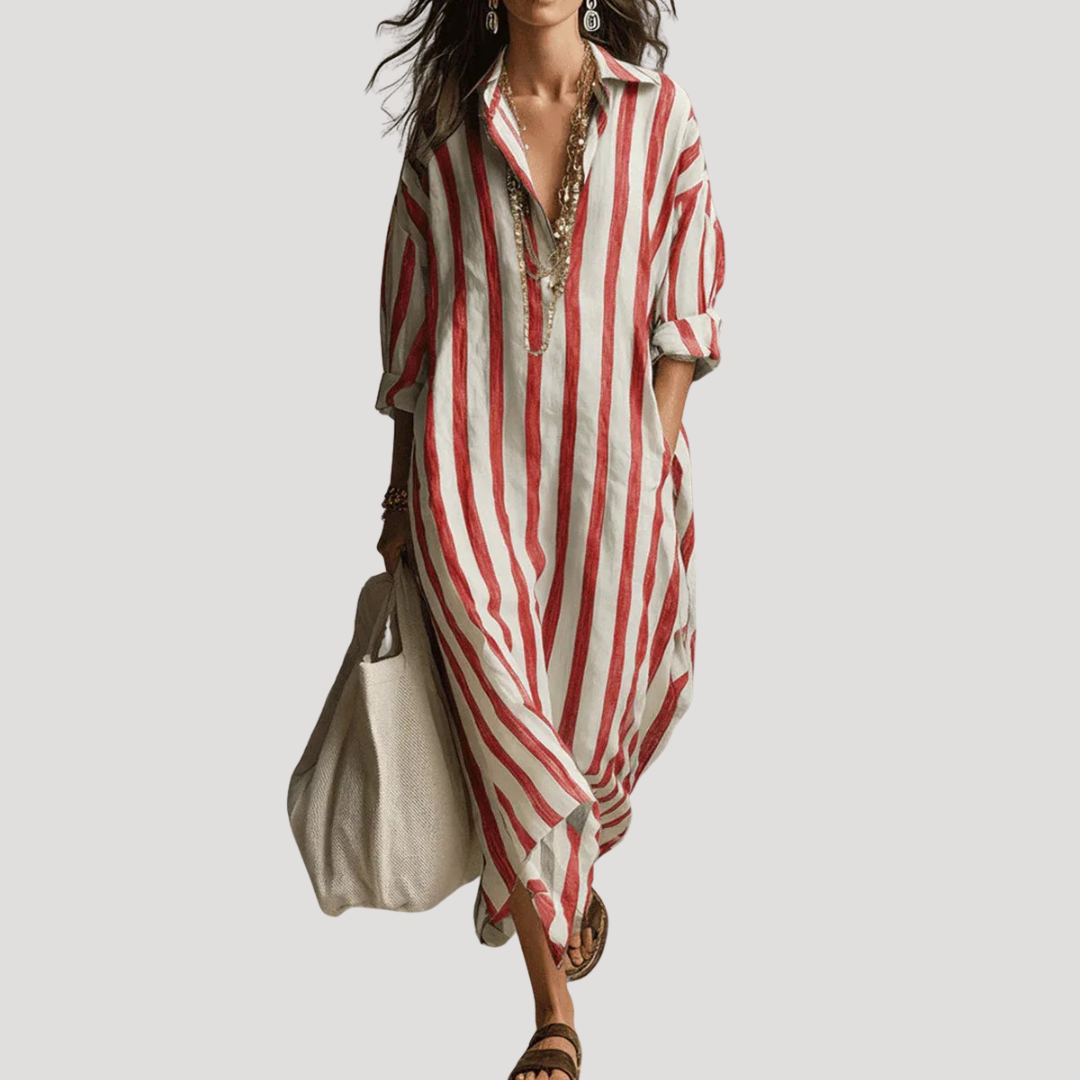 Elise Linen-Look Striped Maxi Shirt Dress with Roll-Up Sleeves – Red