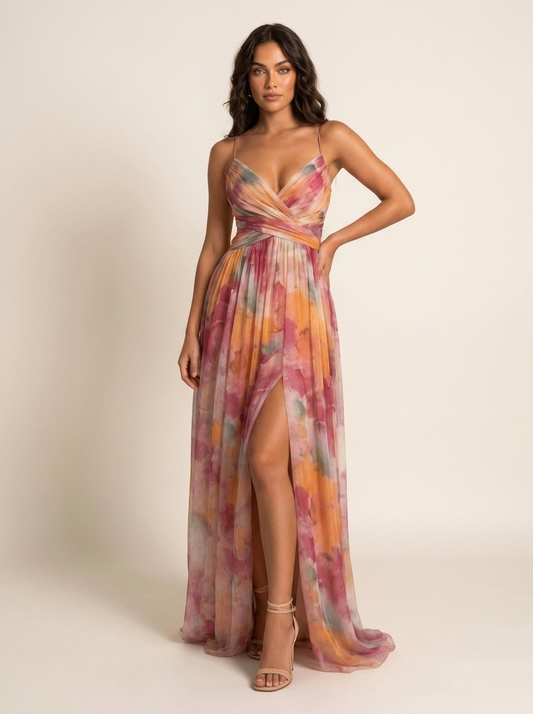 Ella Summer Maxi Dress in Watercolour Print – Orange