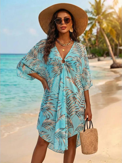 Ellen Sheer Printed Kaftan Cover Up with Wide Sleeves