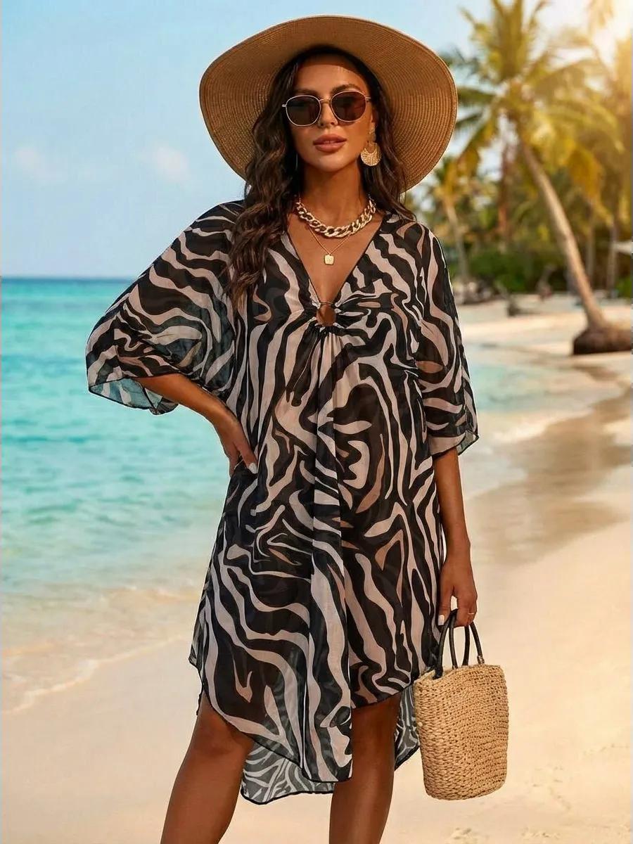 Ellen Sheer Printed Kaftan Cover Up with Wide Sleeves
