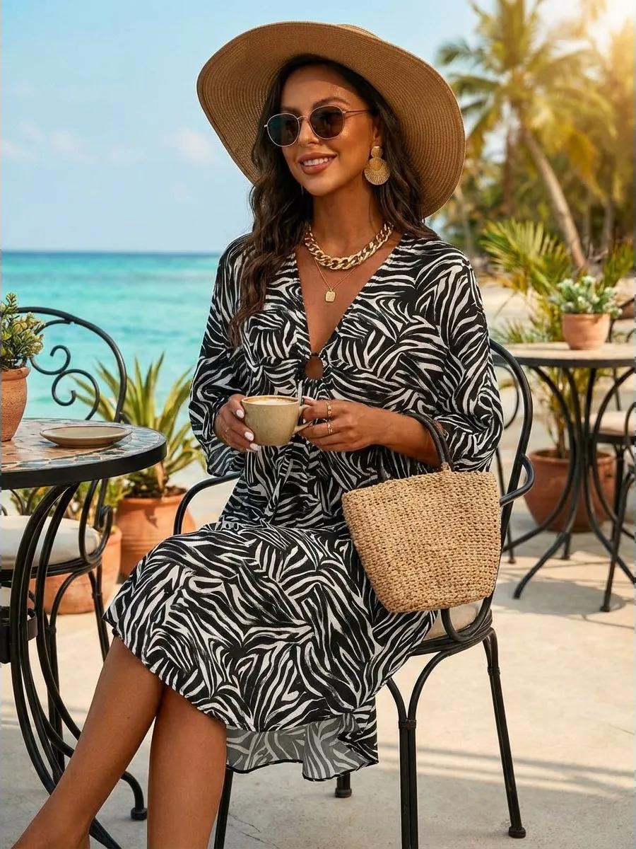 Ellen Sheer Printed Kaftan Cover Up with Wide Sleeves