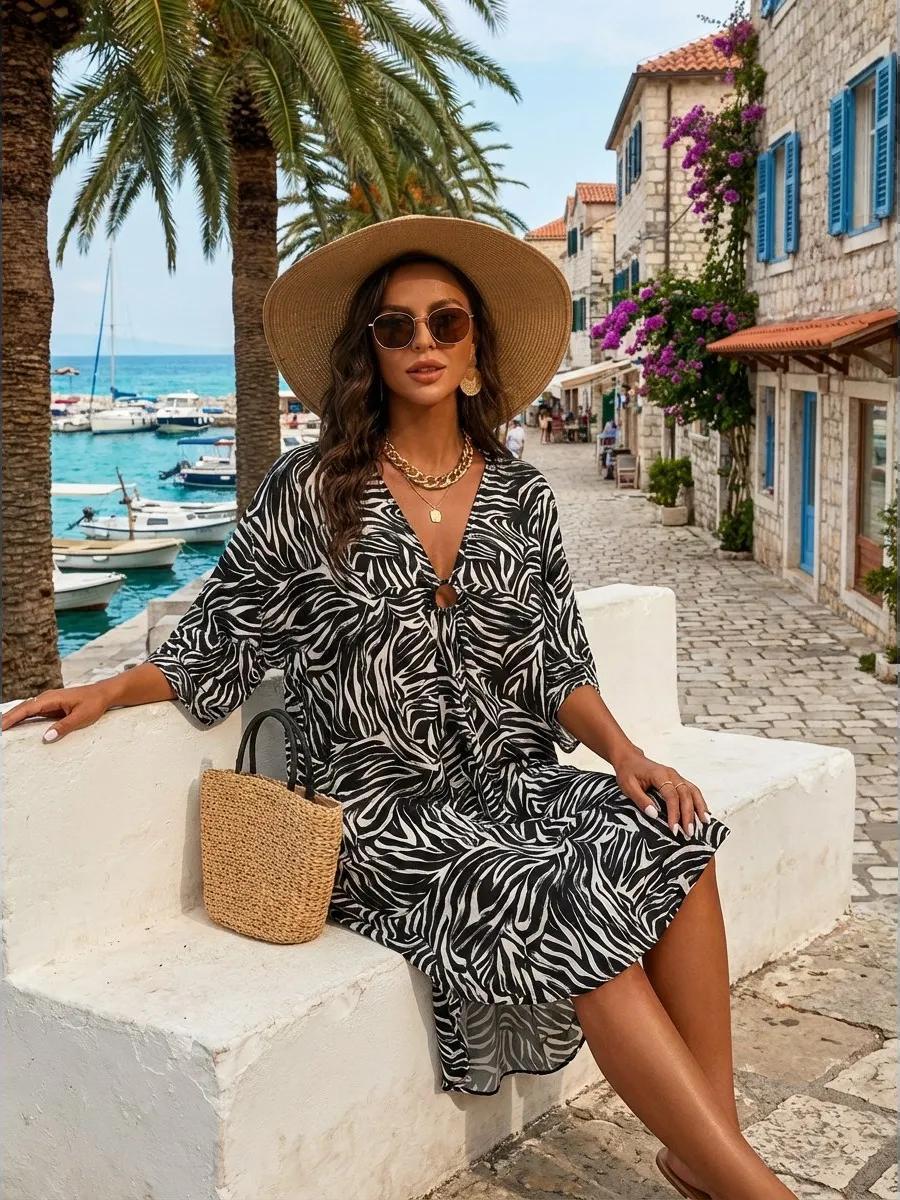 Ellen Sheer Printed Kaftan Cover Up with Wide Sleeves