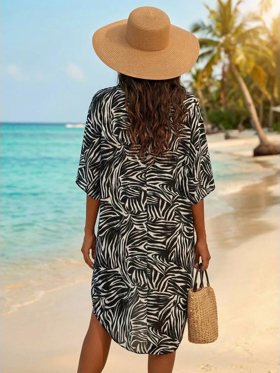 Ellen Sheer Printed Kaftan Cover Up with Wide Sleeves