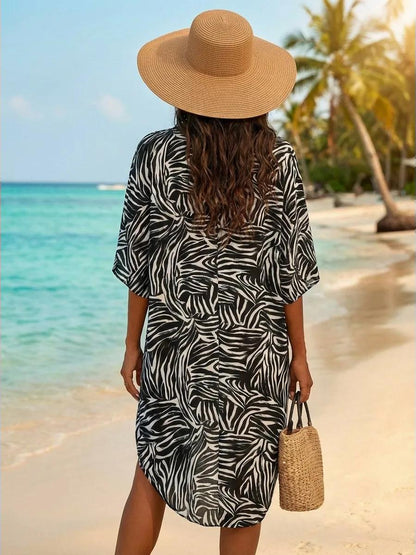 Ellen Sheer Printed Kaftan Cover Up with Wide Sleeves