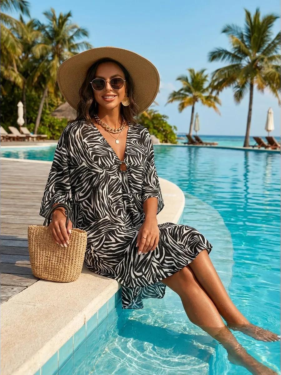 Ellen Sheer Printed Kaftan Cover Up with Wide Sleeves – Black and White