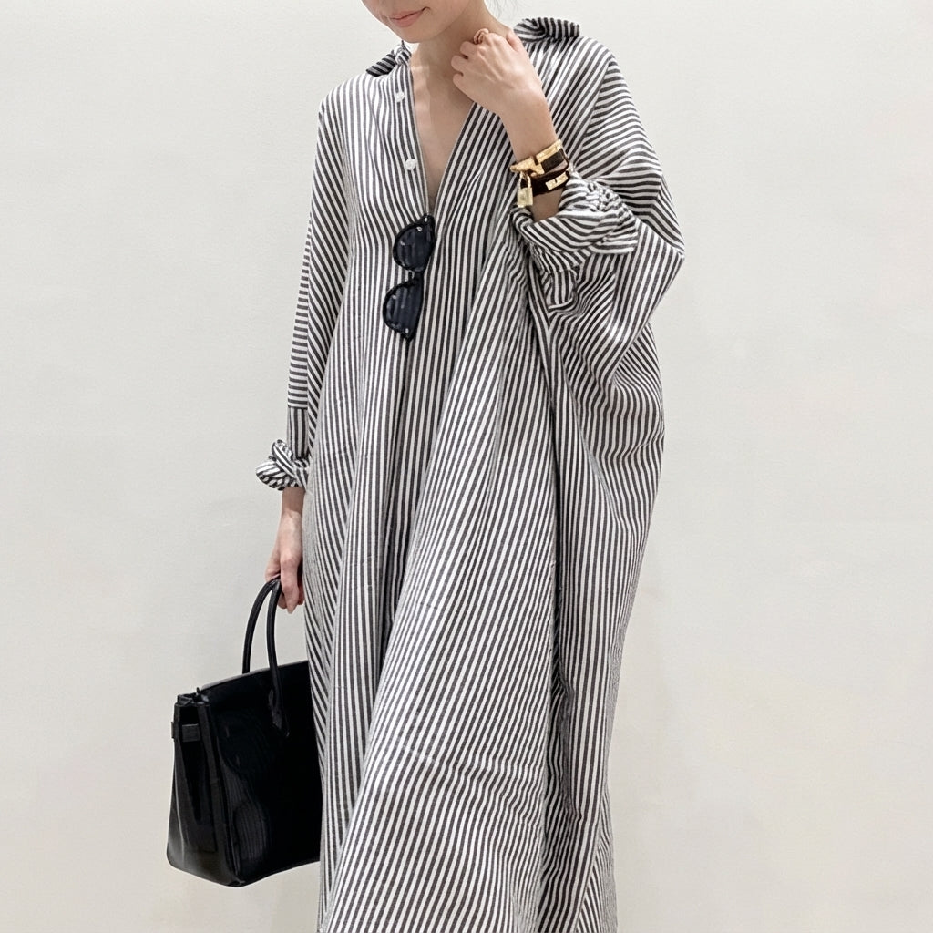Elsie Boho Striped Midi Dress with Three-Quarter Sleeves