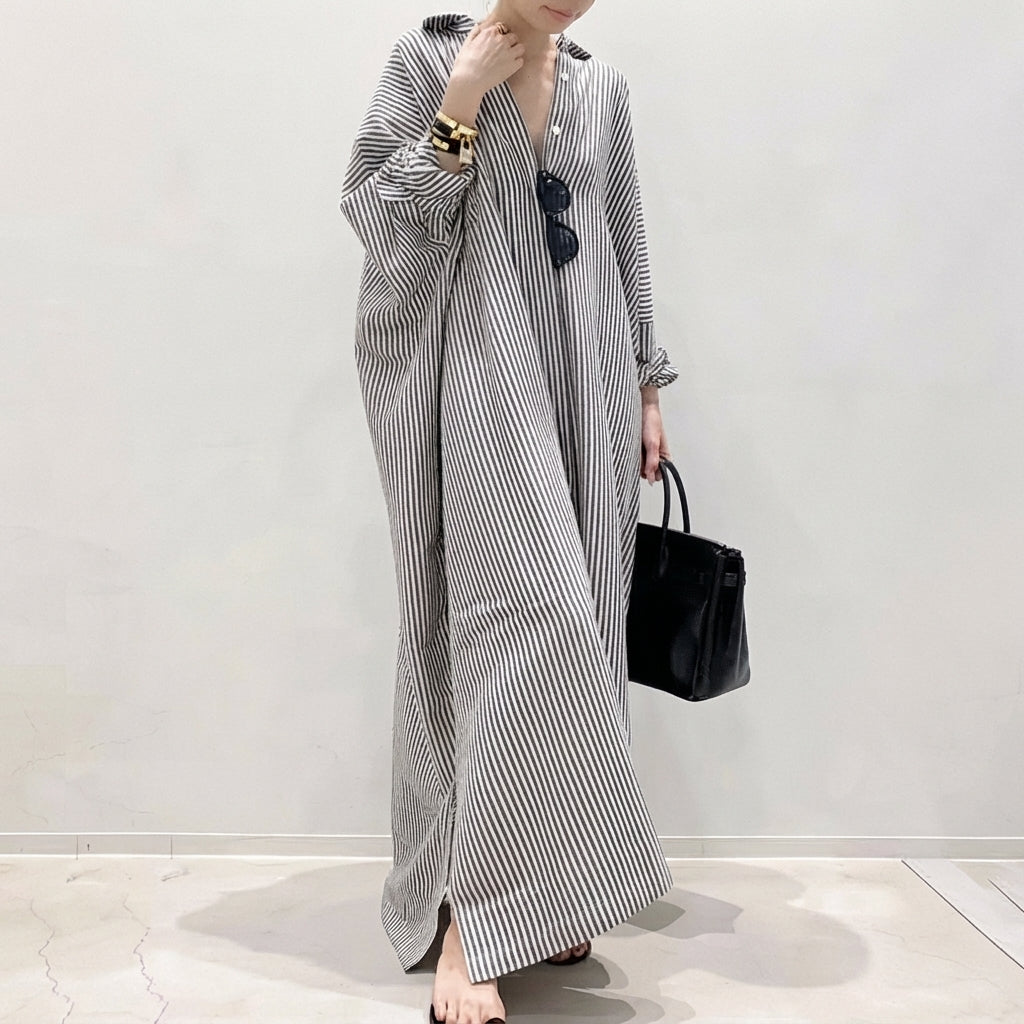 Elsie Boho Striped Midi Dress with Three-Quarter Sleeves