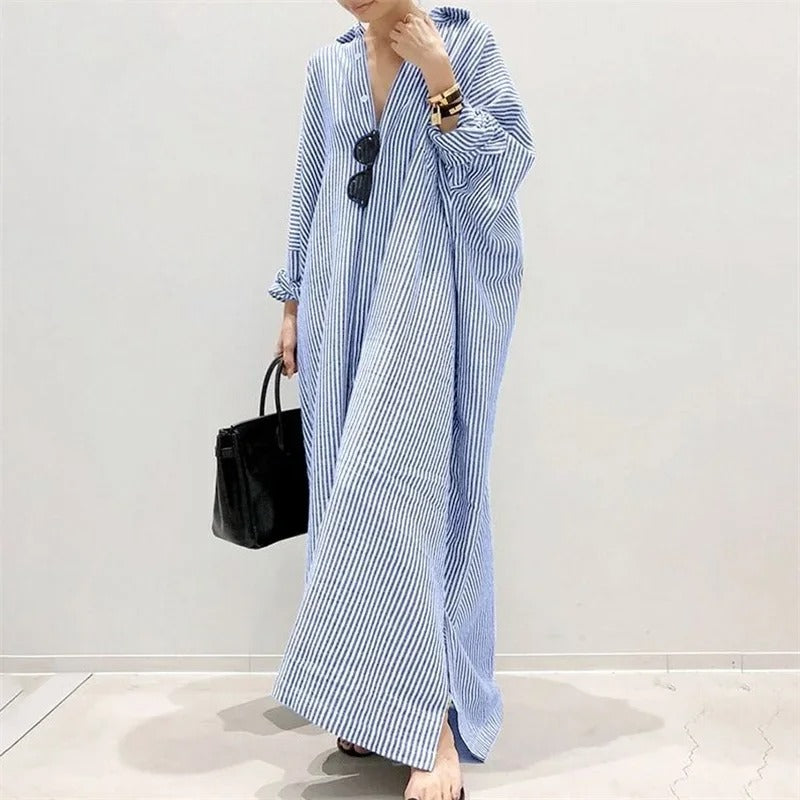 Elsie Boho Striped Midi Dress with Three-Quarter Sleeves – Blue
