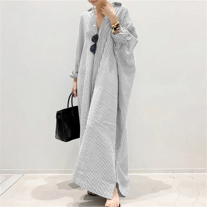 Elsie Boho Striped Midi Dress with Three-Quarter Sleeves – Gray