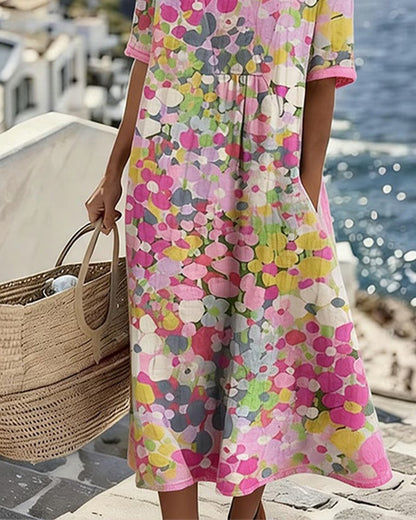 Emma Casual Floral Midi Dress with Short Sleeves