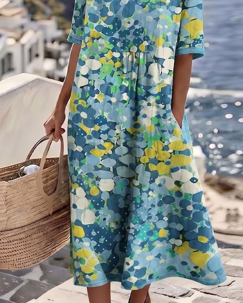 Emma Casual Floral Midi Dress with Short Sleeves