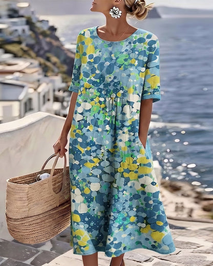 Emma Casual Floral Midi Dress with Short Sleeves – Blue