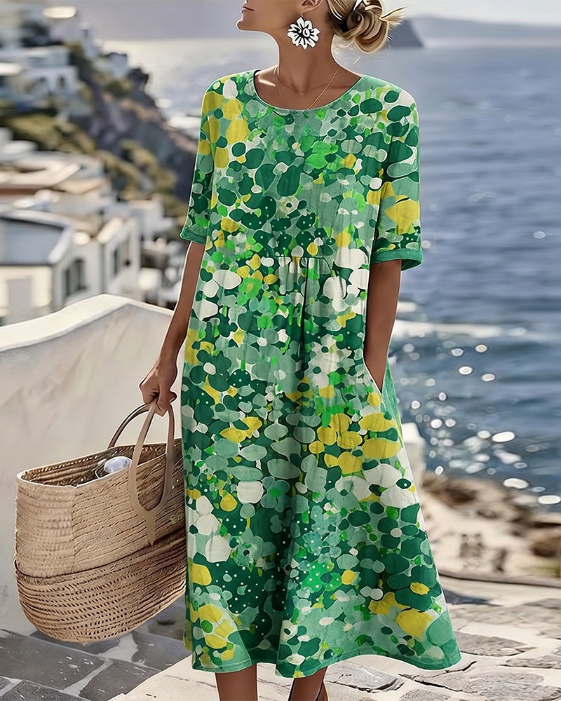 Emma Casual Floral Midi Dress with Short Sleeves – Green