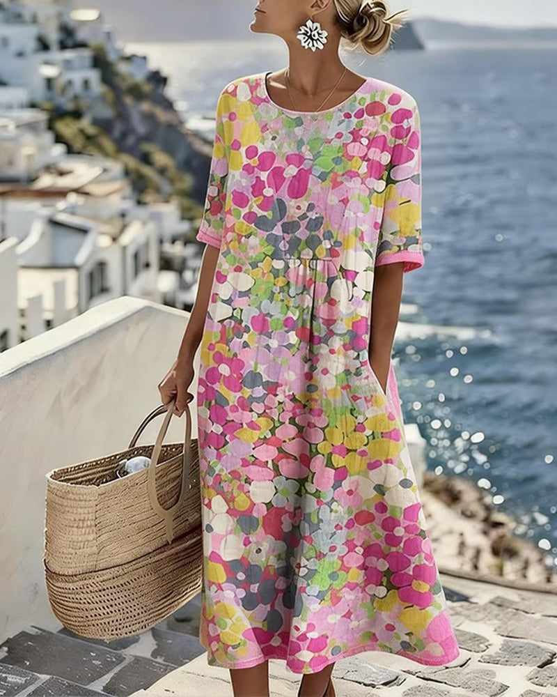 Emma Casual Floral Midi Dress with Short Sleeves – Pink