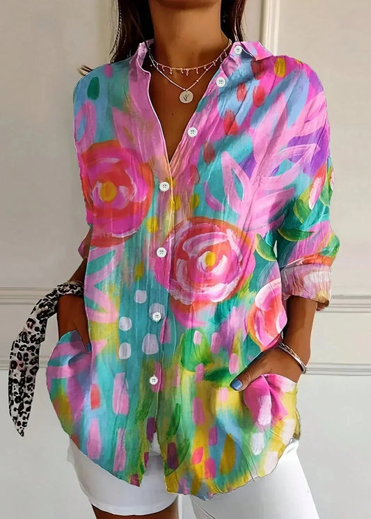 Erica Printed Cotton Summer Blouse with Button Front – Pink