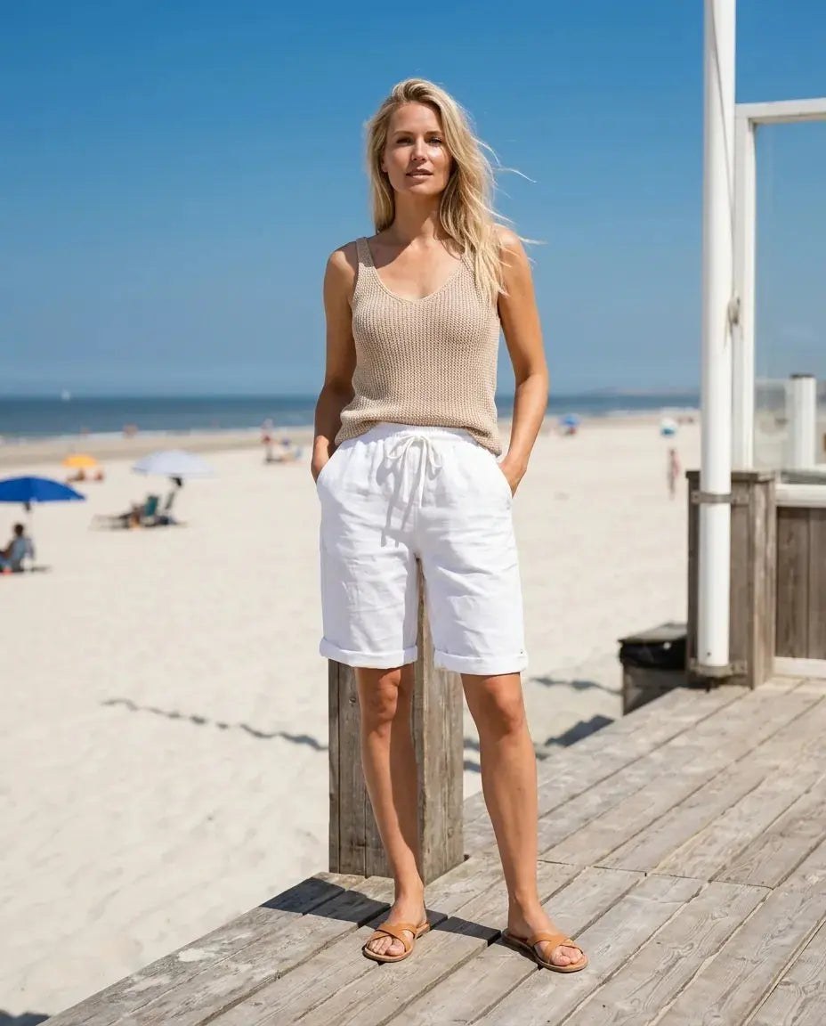 Erin Relaxed Linen Shorts with Drawstring and Cuffed Hem