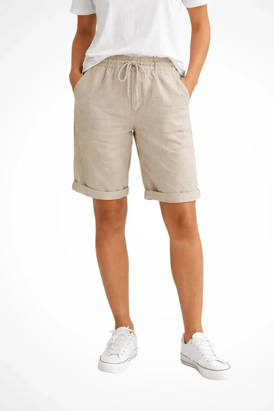 Erin Relaxed Linen Shorts with Drawstring and Cuffed Hem – Beige