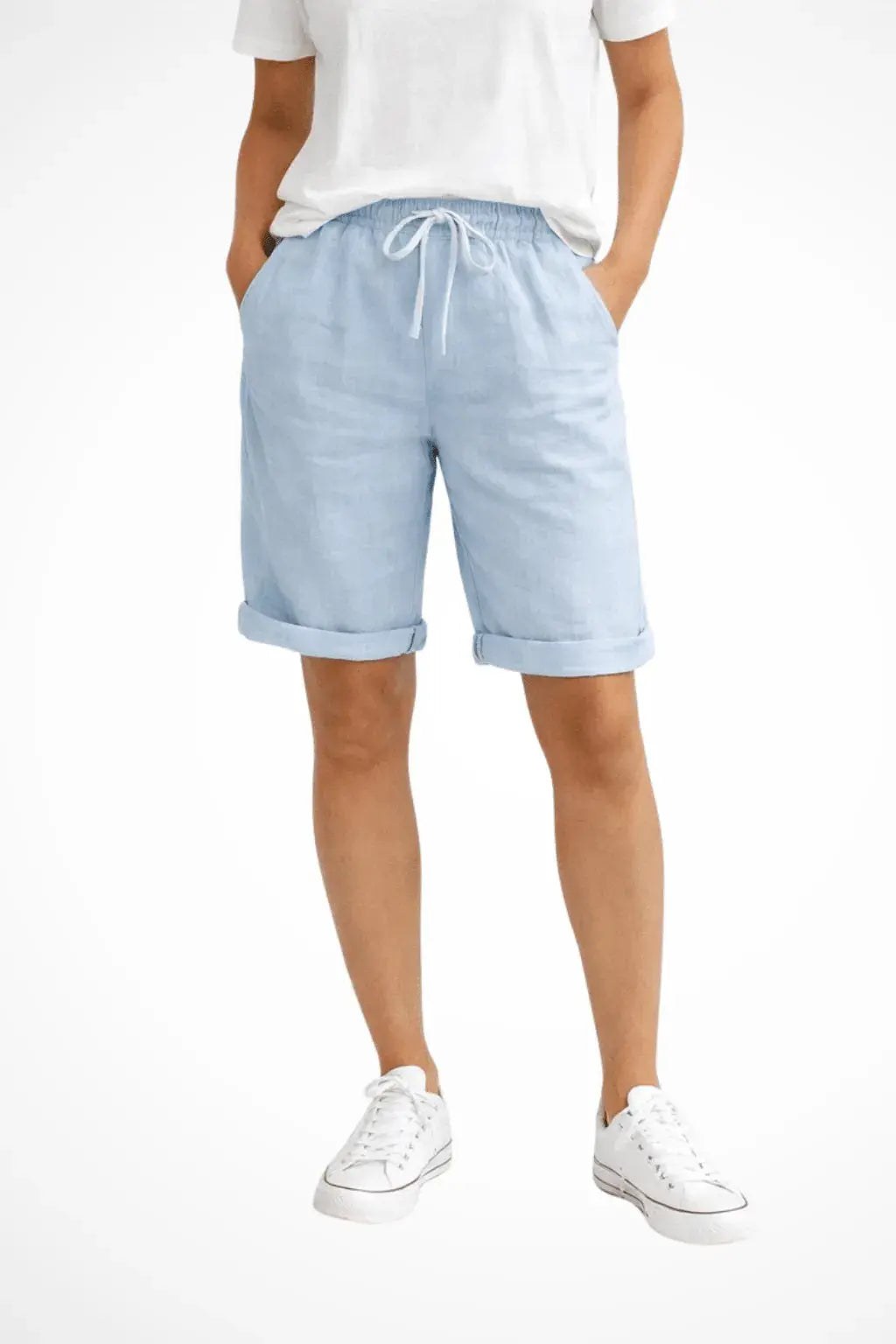 Erin Relaxed Linen Shorts with Drawstring and Cuffed Hem – Blue