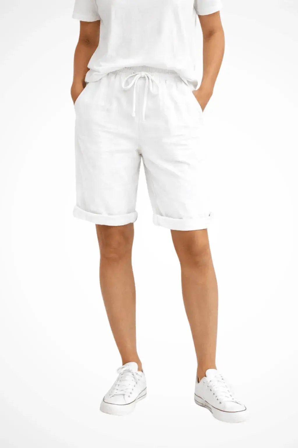 Erin Relaxed Linen Shorts with Drawstring and Cuffed Hem – White