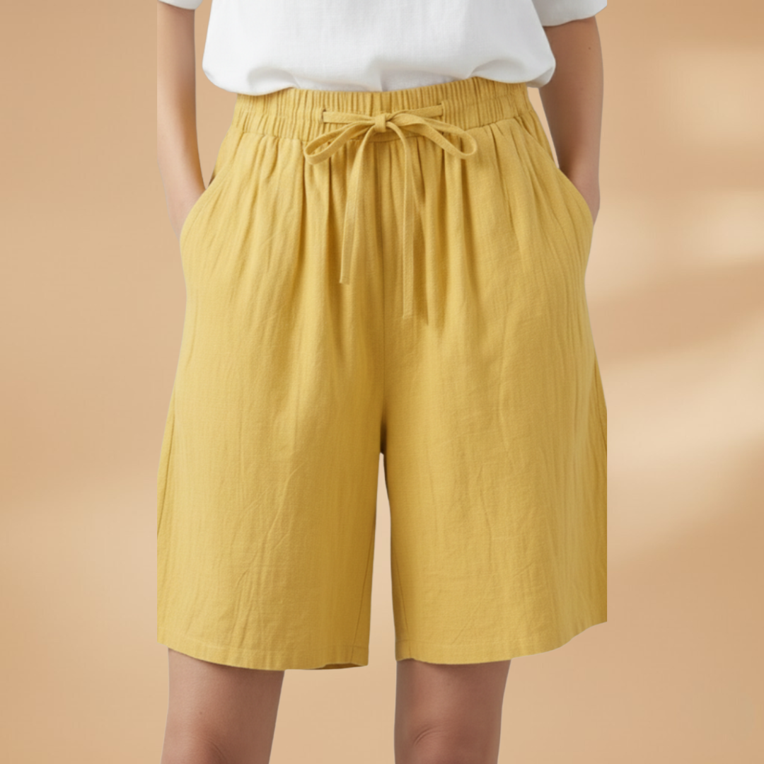 Esther Flowy Wide Leg Linen Shorts with Pleated Front – Yellow