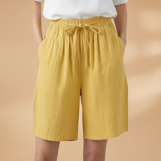 Esther Flowy Wide Leg Linen Shorts with Pleated Front – Yellow