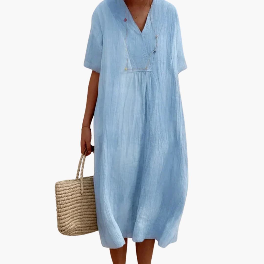 Eva Relaxed Linen Midi Dress with Button V-Neck – Blue