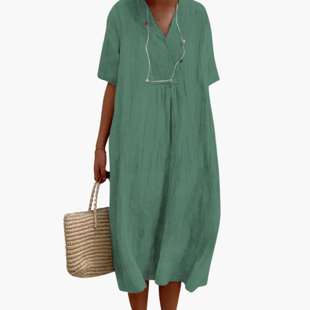 Eva Relaxed Linen Midi Dress with Button V-Neck – Light Green