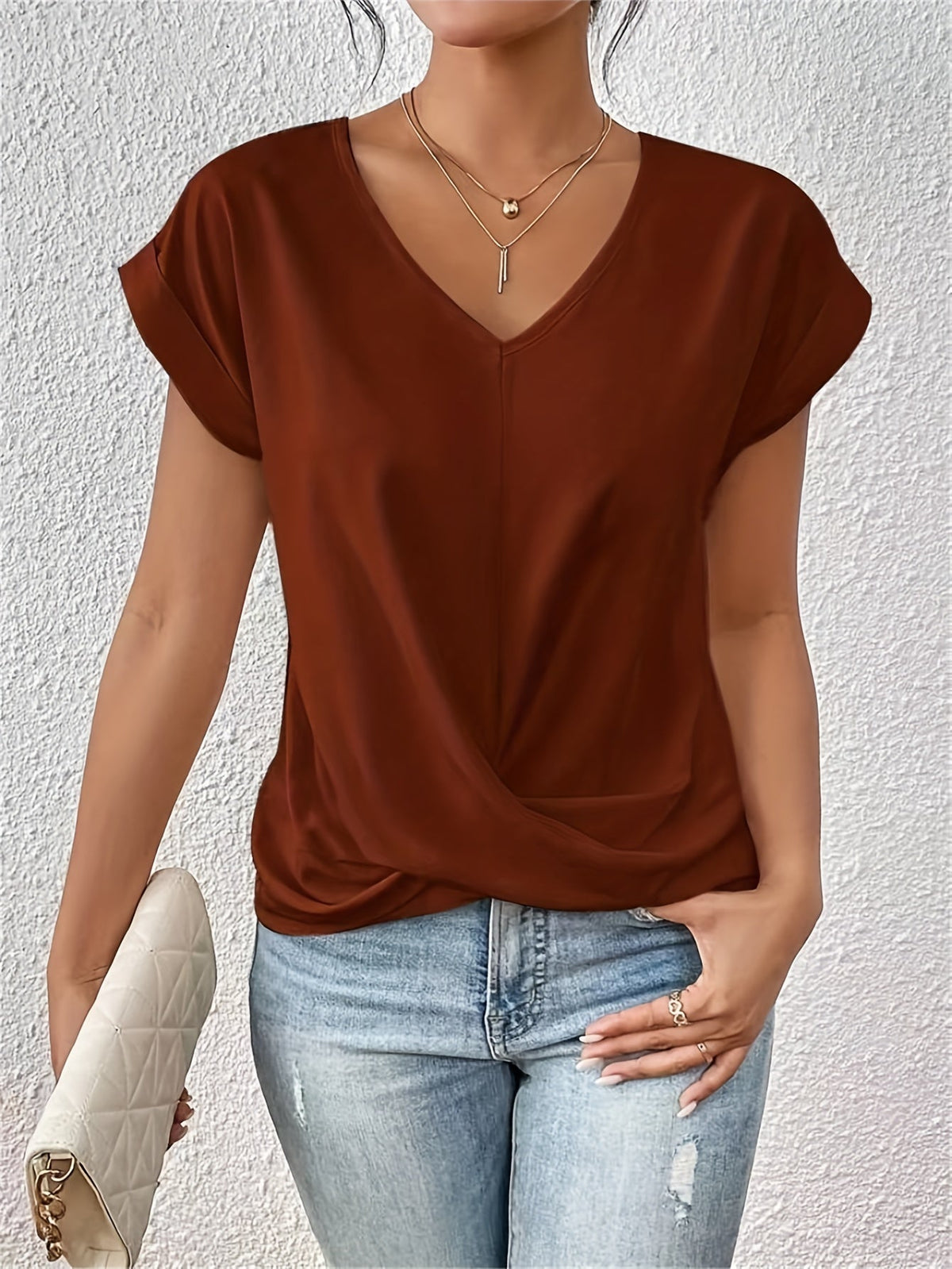 Fern Short Sleeve Wrap Blouse with Sweetheart Neckline – Brown