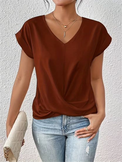 Fern Short Sleeve Wrap Blouse with Sweetheart Neckline – Brown