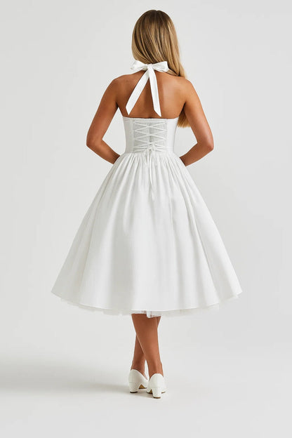 Fiona Elegant Pleated Halter Neck Midi Dress