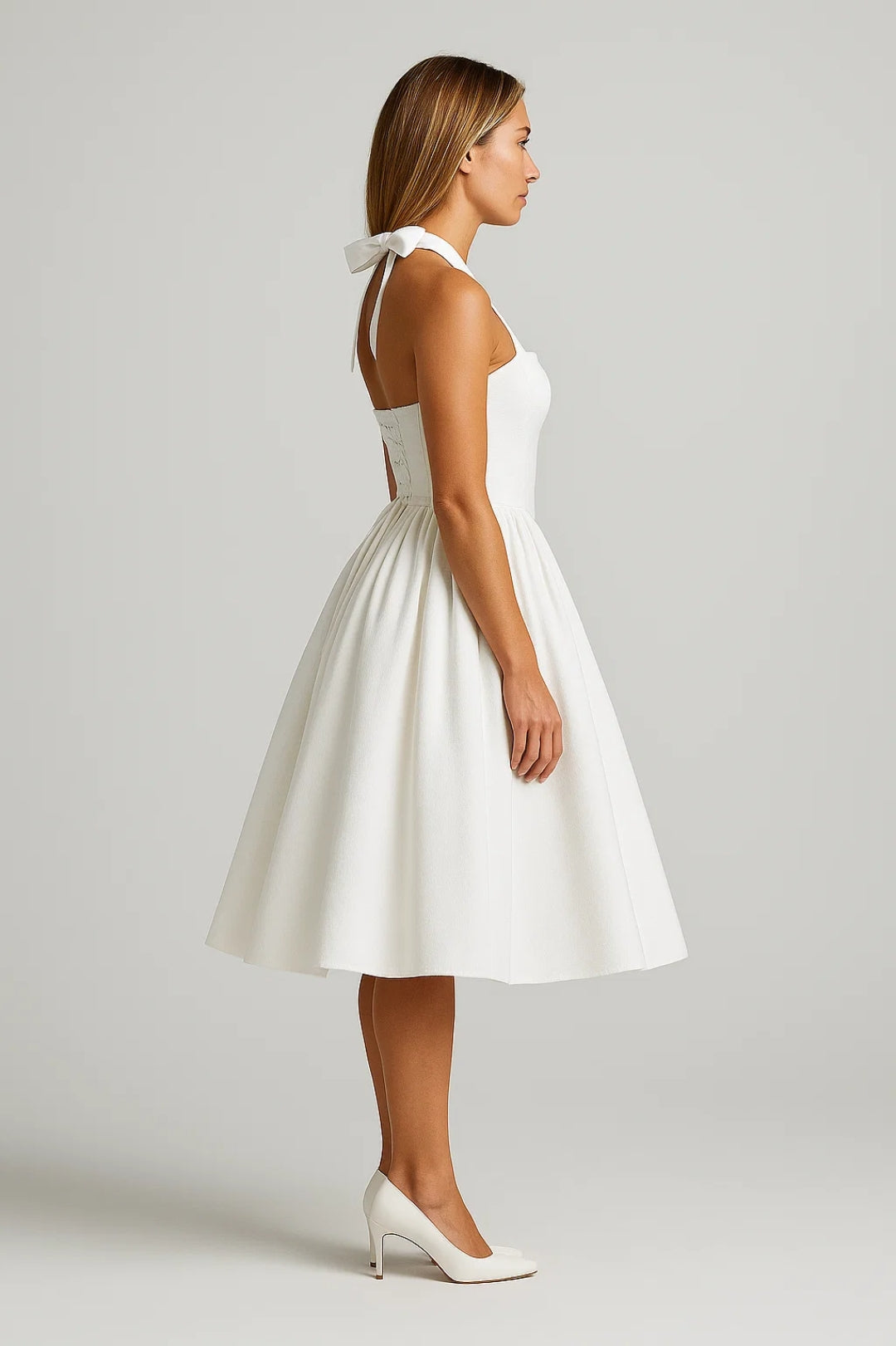 Fiona Elegant Pleated Halter Neck Midi Dress