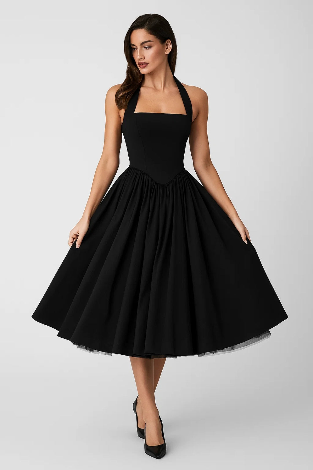 Fiona Elegant Pleated Halter Neck Midi Dress – Black