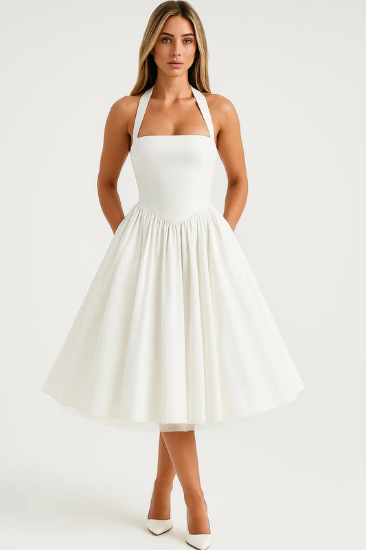 Fiona Elegant Pleated Halter Neck Midi Dress – White