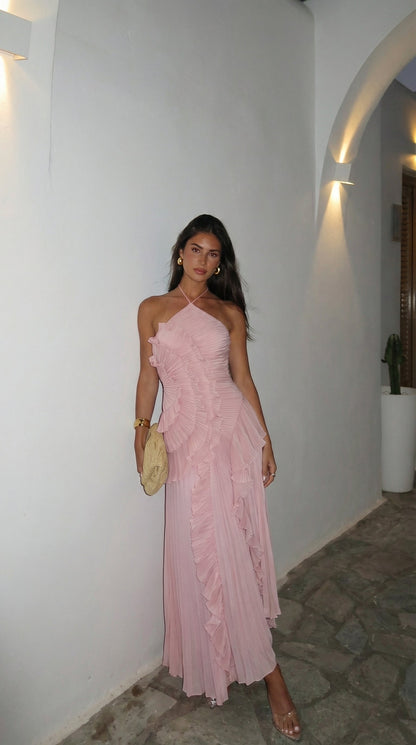 Gemma Halter Maxi Dress with Asymmetric Ruffle Skirt