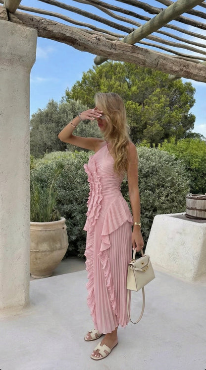 Gemma Halter Maxi Dress with Asymmetric Ruffle Skirt